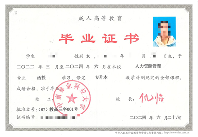 湖南成人高考毕业证样本