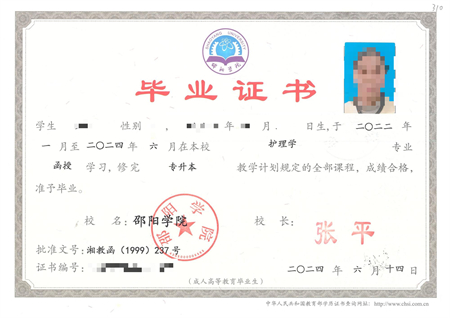 邵阳学院成考毕业证样本
