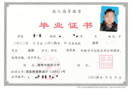 湖南中医药大学成考毕业证样本
