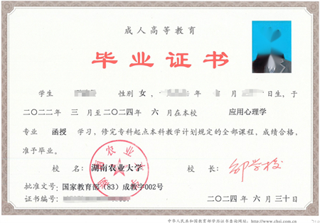 湖南农业大学成考毕业证样本