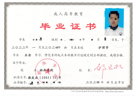 湘南大学成考毕业证样本
