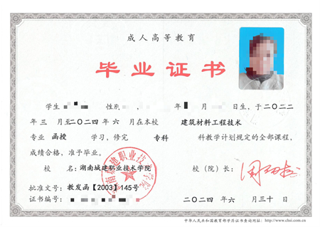 湖南城建职业技术学院成考毕业证样本