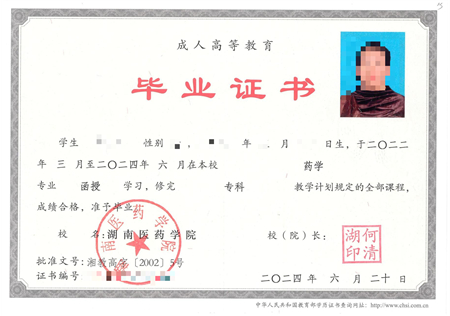 湖南医药学院成考毕业证样本